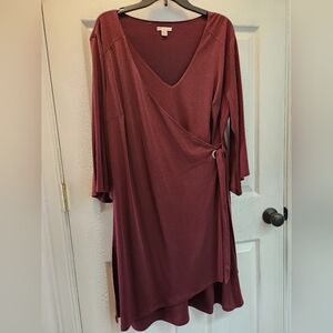 Cato Burgandy Asymmetrical Wrap Dress with Bell Sleeves.